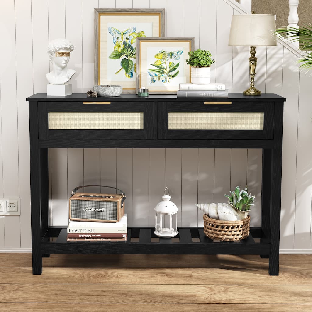 Entryway Console Table with Drawers Faux Rattan, Storage Shelf, for Hallway Foyer Behind Couch Sofa
