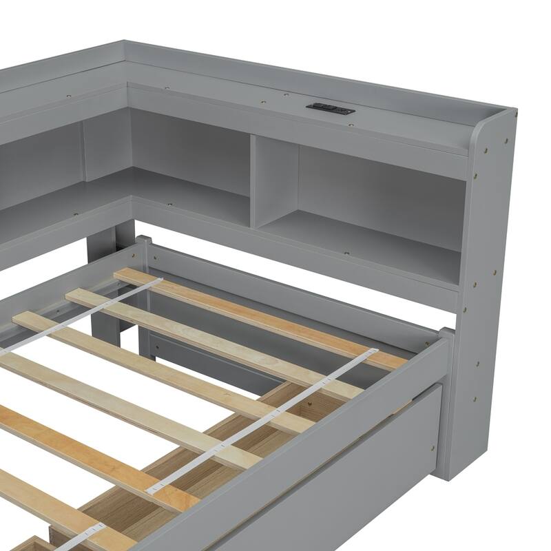 Twin Size L-shaped Bookcases Bed with Power Outlets