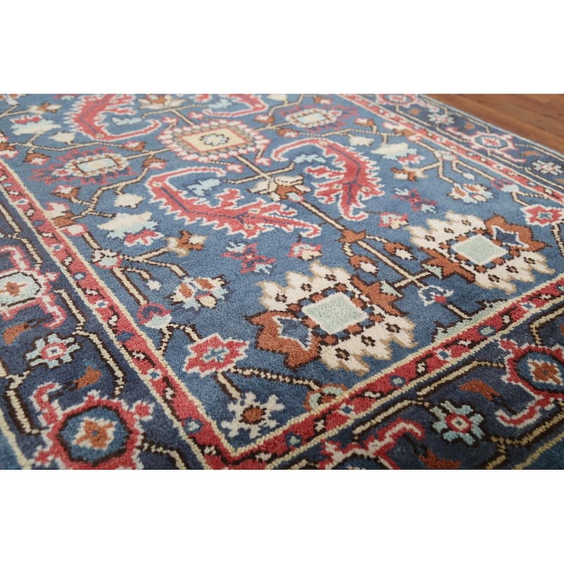 Blue Geometric Oushak Indian Area Rug Handmade Wool Carpet - 3'11"x 5'10"