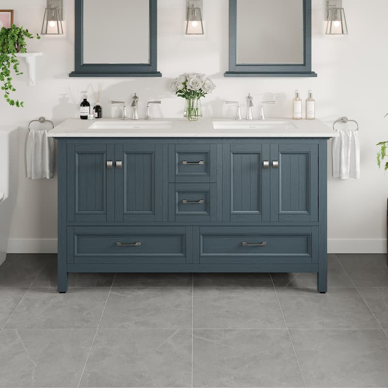 Eviva Britney 60"W x 22"D Ash Blue Bathroom Vanity with White Carrara Quartz Vanity Top and Rectangular Undermount Sink - 60