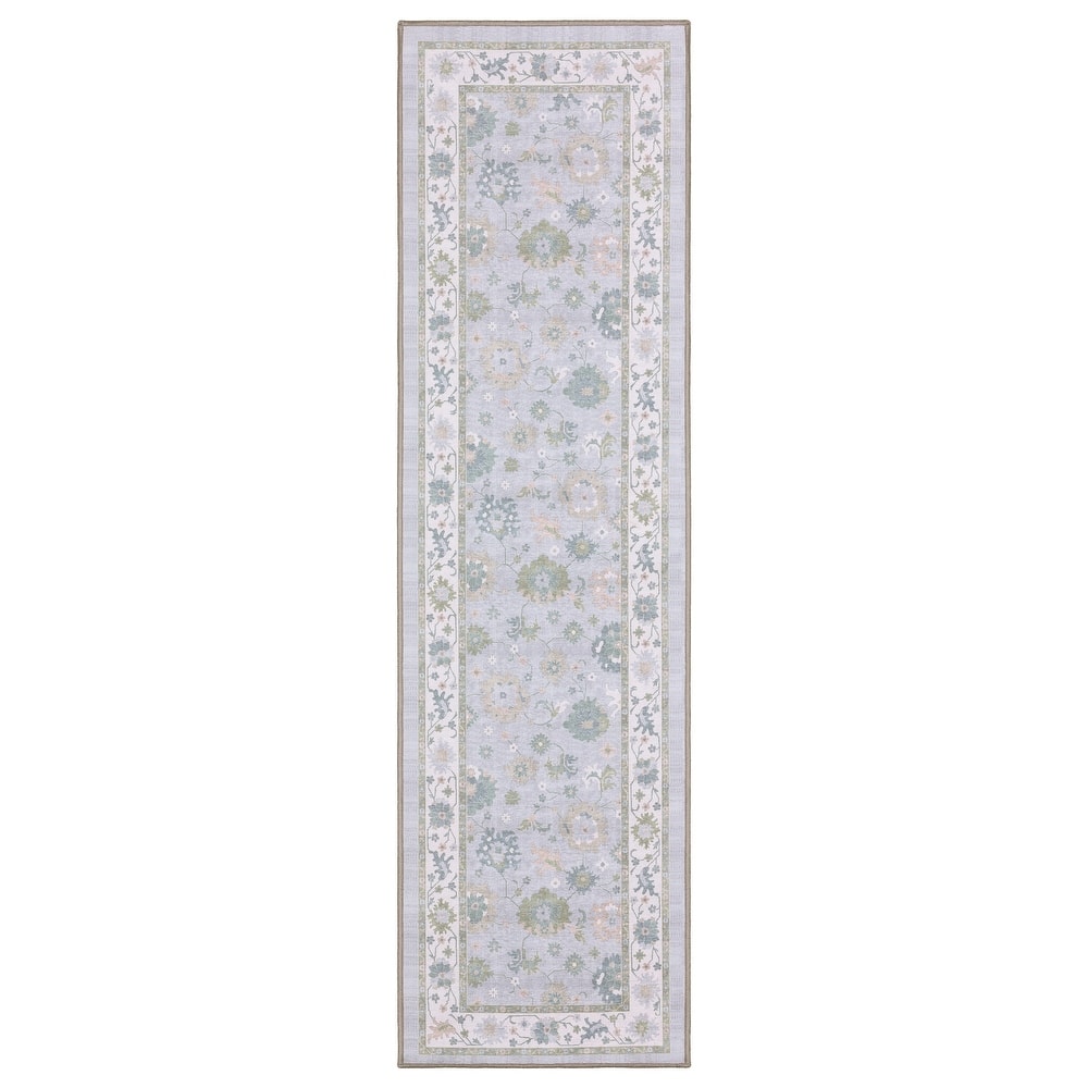 Addison Floral Traditional Blue/ Green Printed Washable Flat Pile Rug