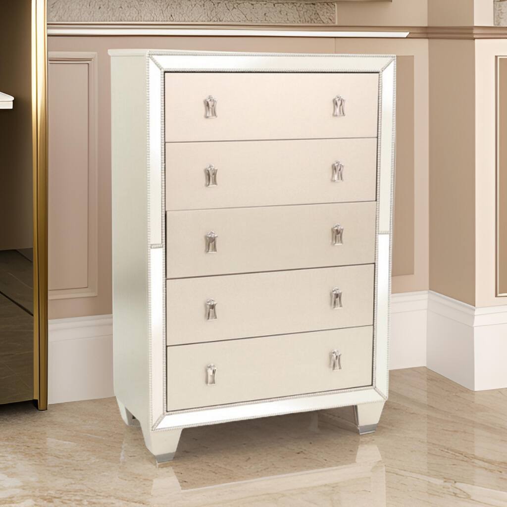 Dem 56 Inch Tall Dresser Chest with 2 Drawers, Platinum Trim, Silver Wood
