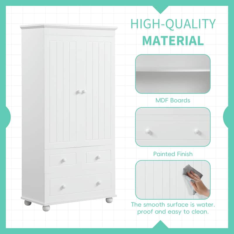 Roomfitters Tall Storage Cabinet with Three Drawers Ideal for Bathroom or Office, Vertical MDF Organizer, White