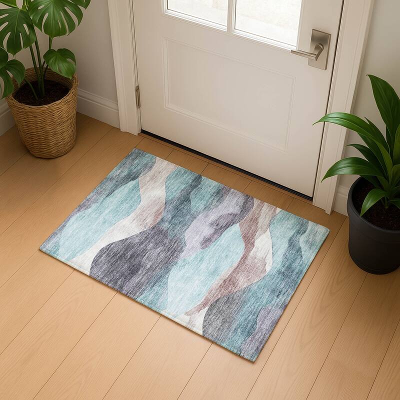 Premium Washable Super Soft Modern Waves Mayfield Rug - Teal - 1'8" x 2'6"
