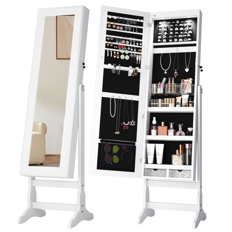 Furniwell Jewelry Mirrored Cabinet Mirror w/Built-in Lights Armoire Organizer Storage Box
