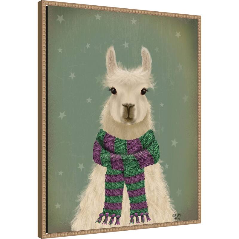 Llama with Purple Scarf, Portrait by Fab Funky (23 x 28 in.), Framed Canvas Wall Art Print - Sylvie Beaded Rustic Natural