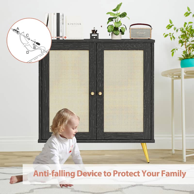 Farmhouse Rattan Storage Cabinet, Natural Buffet Sideboard - N/A