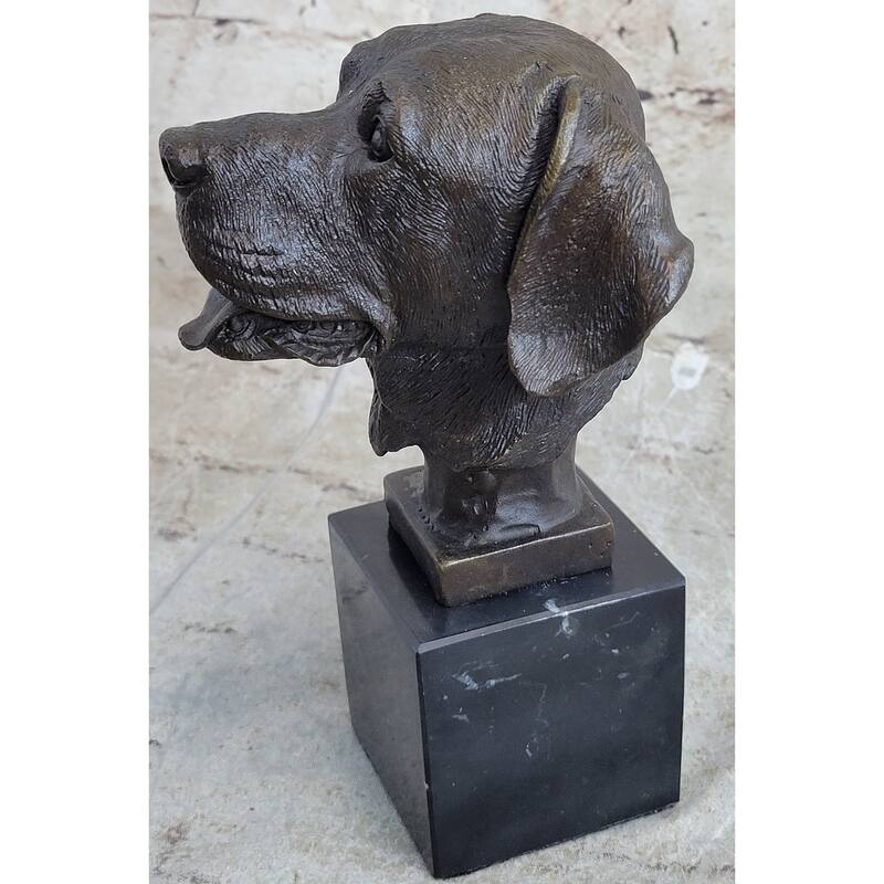 Signed Original Happy Labrador Puppy Dog Bust Marble Base Sculpture Statue Decor
