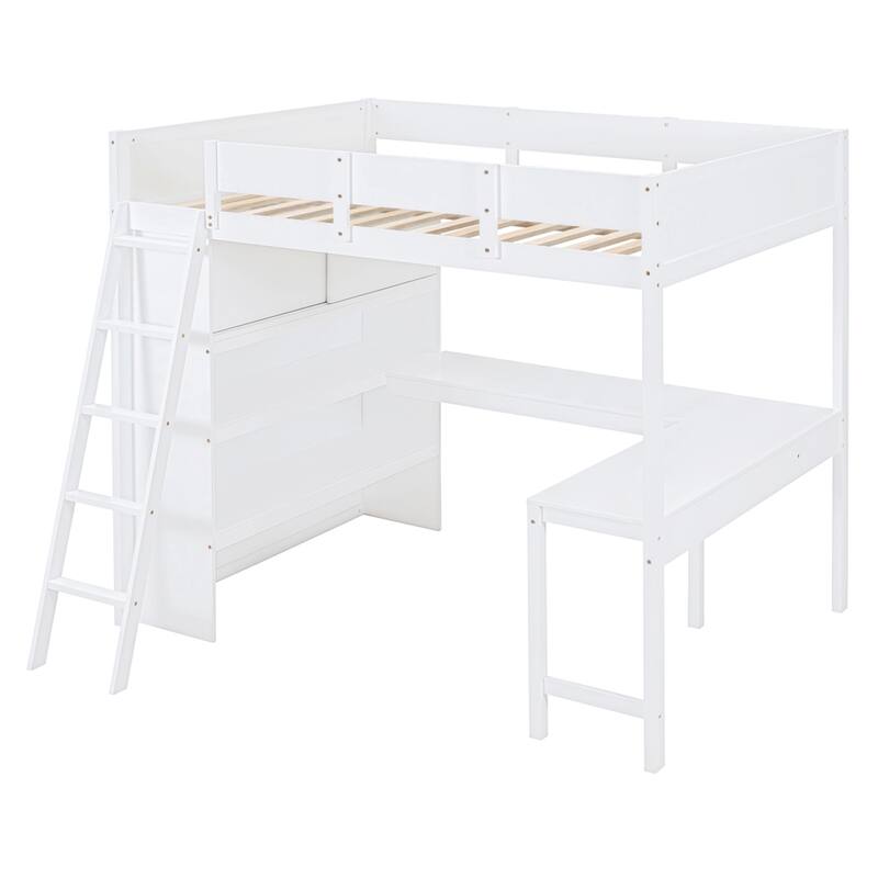 Full Size Wood Loft Bed with Desk and Shelf,Guardrail