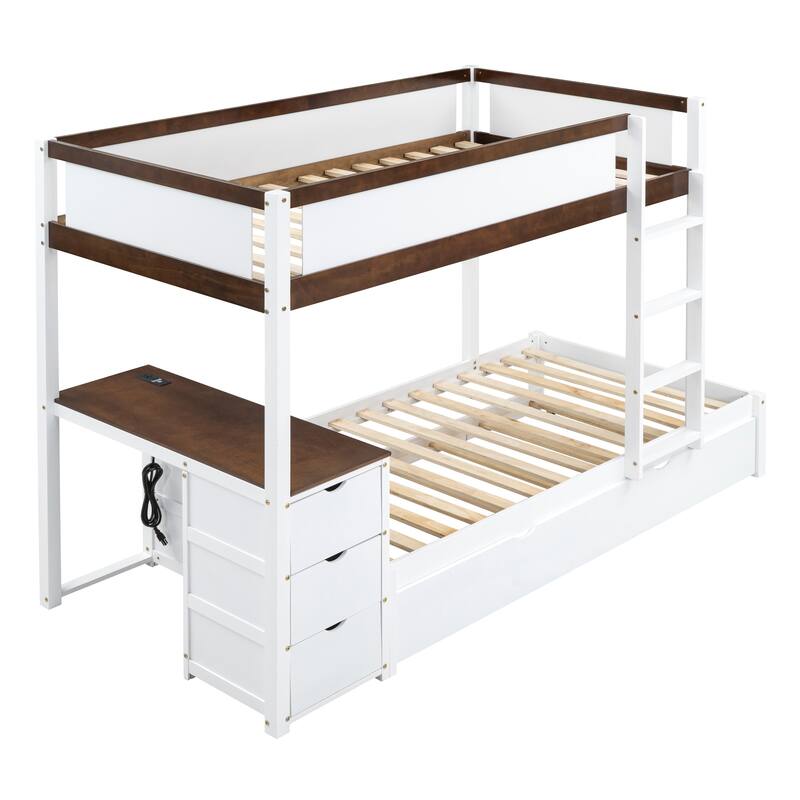 Space-Saving Twin-Over-Twin Bunk Bed with Trundle, Storage, and Desk in White and Walnut
