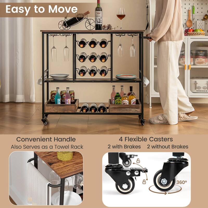Costway 3 Tiers Bar Cart Home Serving Cart on Wheels with Glass Racks - See Details