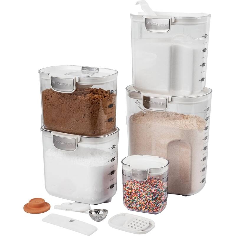 ProKeeper+ 9 Piece Clear Plastic Airtight Food Flour and Sugar Baker's Kitchen Storage Organization Container - White