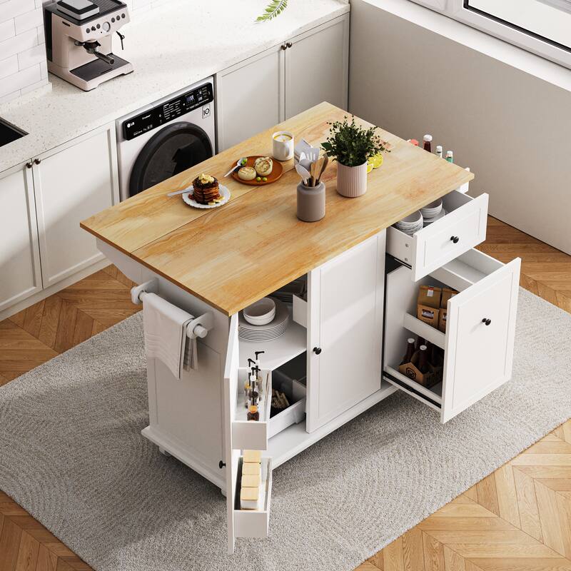 Rolling Kitchen Island with Drop Leaf, Wood Spice Storage Cabinet with Internal Storage Rack and 3 Tier Pull Out Cabinet