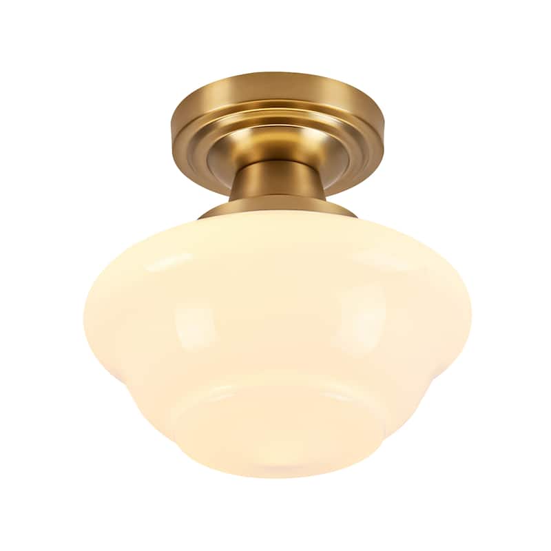 8.7" 1-Light Vintage Brass/Black Milk Glass Flush Mount Ceiling Light for Hallway