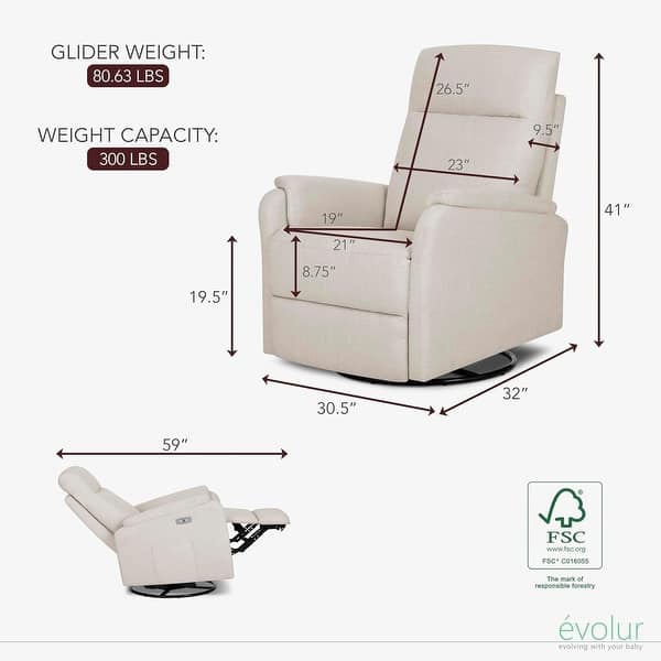 dimension image slide 1 of 2, Evolur Noah Power Recline Glider with 275-Degree Swivel