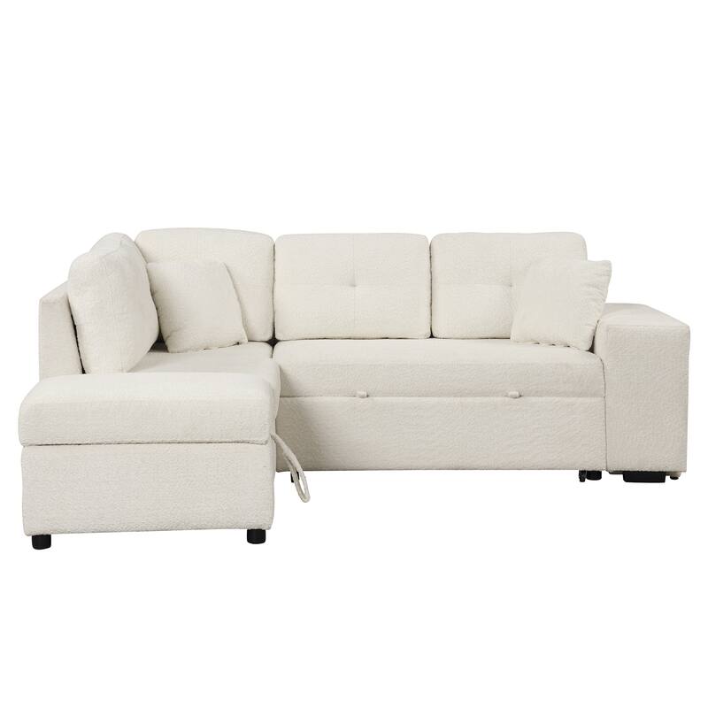 87.7" Chenille Sleeper Sectional Sofa with Wireless Charging & Stools