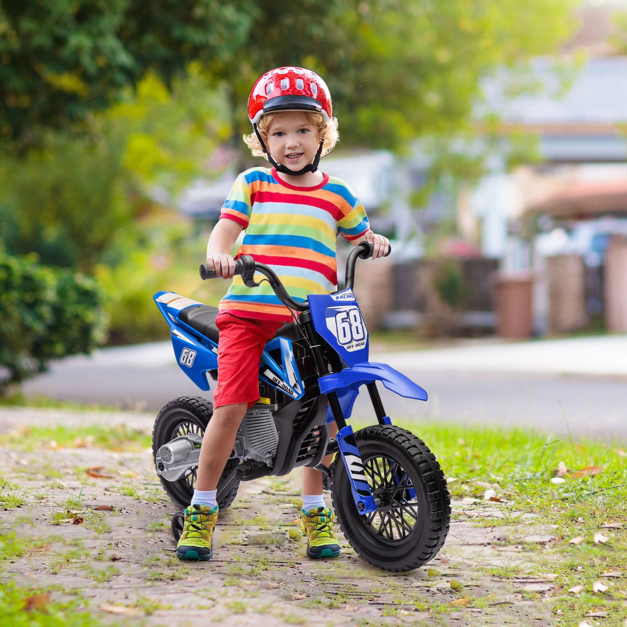 Blue Kids Dirt Bike 12V Electric Motorcycle with Training Wheels, Toddler Ride-On Motorcycle with Music