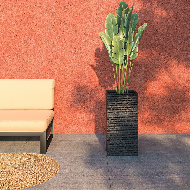 Basalt Modern Tall Square MGO Fiberstone Planter Pot Weather-Resistant Design for Indoor Outdoor Patio with Drainage - 28 Inch - Black