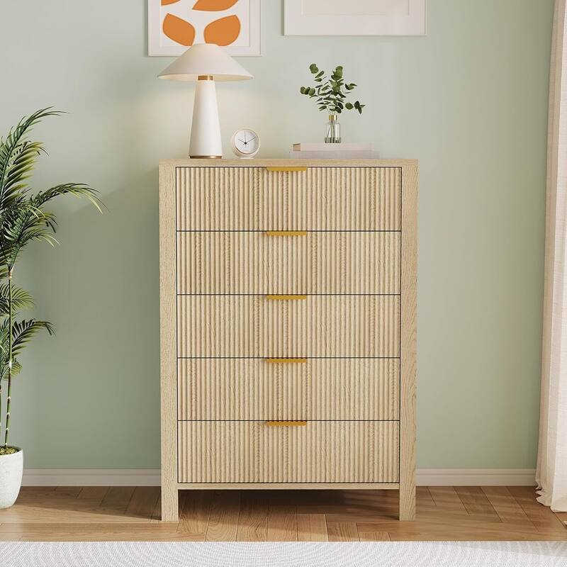 Tall Wooden 5 Drawers Dressers, Storage Cabinet for Bedroom, Living Room - Almond