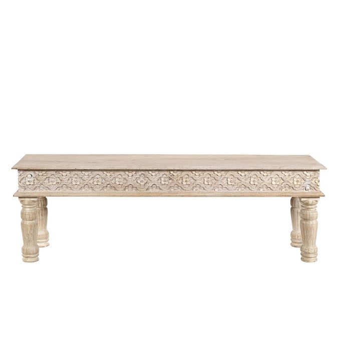 HomeRoots 58" White Distressed and Carved Solid Wood Dining bench - 61