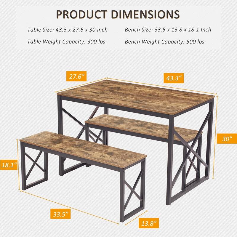 44.3" Dining Table with Benches Kitchen Table set for 4 Rectangular Dining Room Table Set with 2 Metal Wood Benches