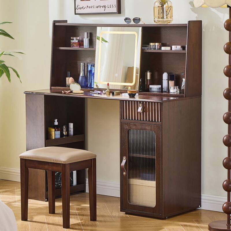 Mid-Century Modern Makeup Vanity Desk Set Includes Dressing Table & Stool, Sliding Makeup Mirror with 3-Color LED Light, Walnut