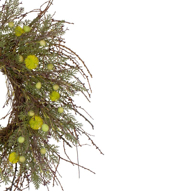 Burrs and Craspedia Artificial Twig Wreath - 20" - Yellow