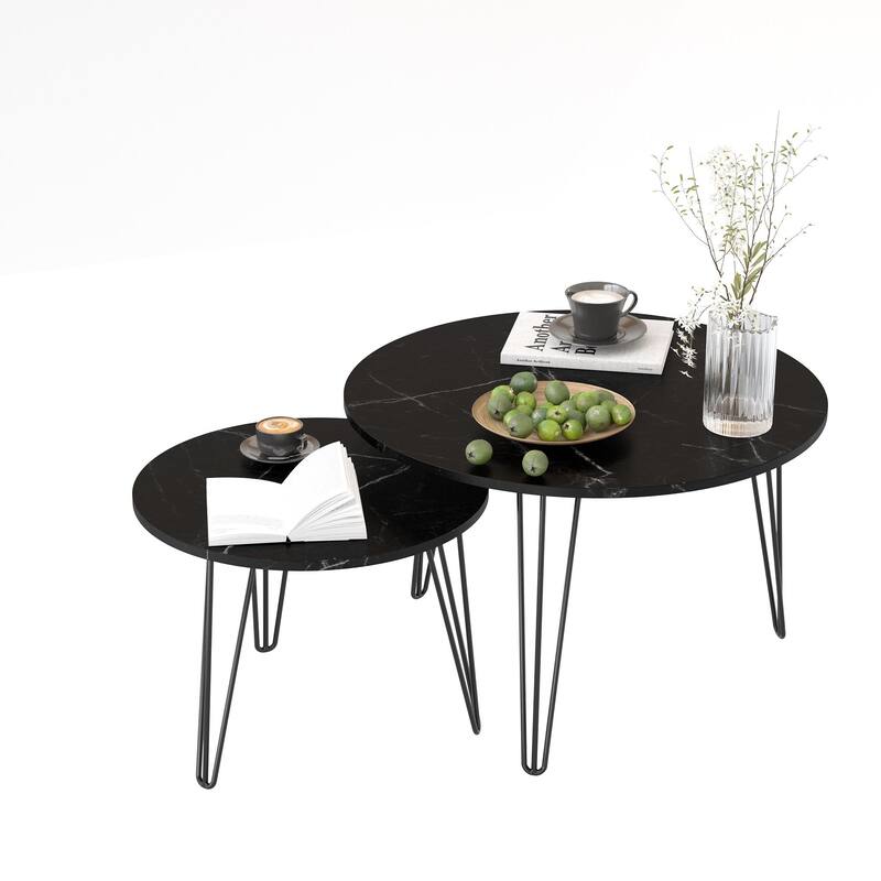 Anmytek Set of 2 Nesting Round Coffee Tables with Marble Effect Top & Hairpin Legs, Black Industrial Modern Side Tables