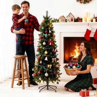 Pre-lit Pencil Christmas Tree, Green Artificial Spruce Slim Christmas Trees with Incandescent Lights