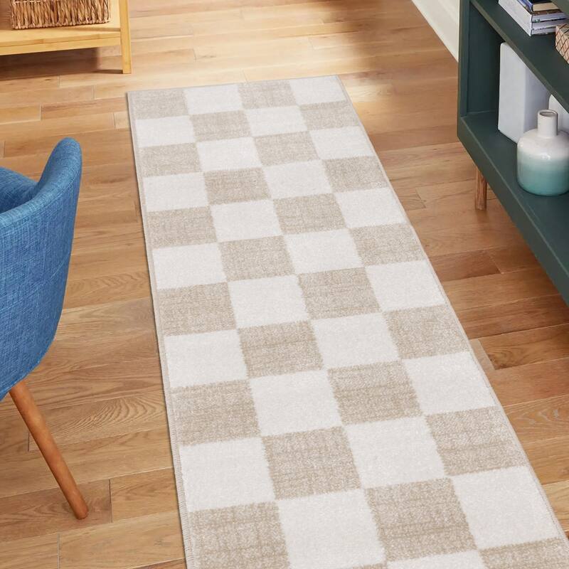 Modern Neutral Checkerboard Rug in Cream Beige - 2'0" x 7'7"