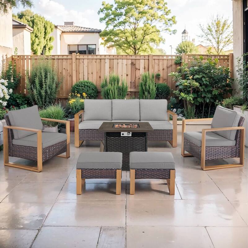Pocassy Outdoor Fire Pit Conversation Set 3-Seat Sofa Chairs Patio Furniture Set - Brown Wicker Gray Cushion - 6-Piece Sofa Patio Chair Ottoman with Fire Table