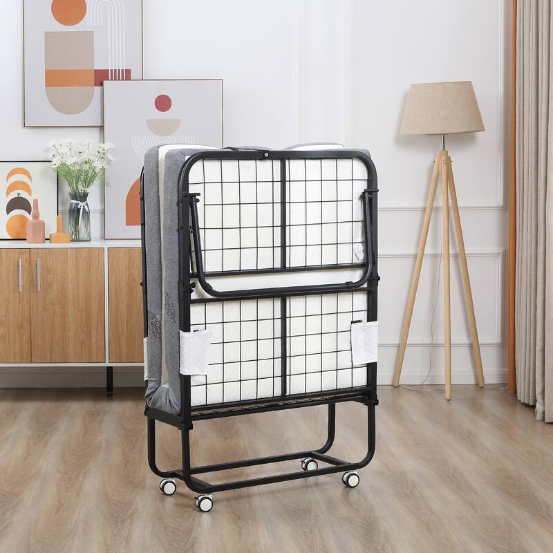 Twin Size Steel Foldable Bed with 4" Mattress and Wheels