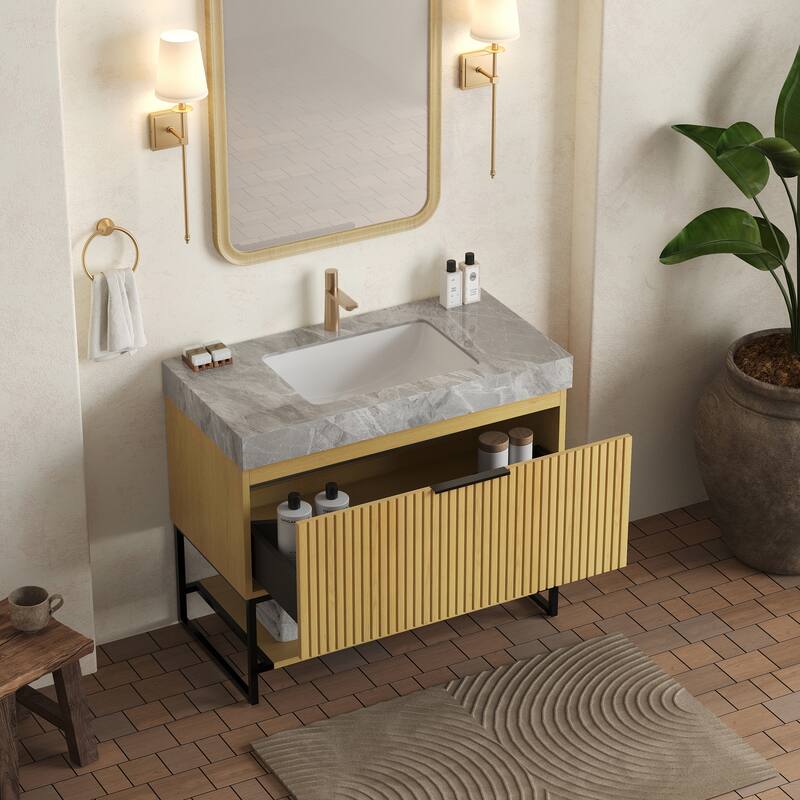 GDFStudio - Yolan 36" Freestanding Bathroom Vanity with Striped Drawer, Open Shelf & Undermount Ceramic Basin, WITHOUT Faucet