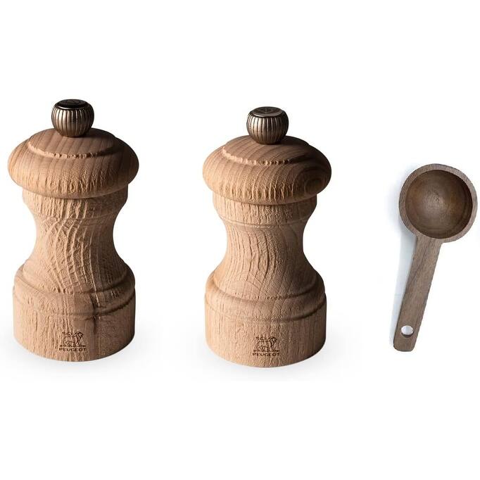 Peugeot Bistro Nature 4 Inch Salt & Pepper Mills Gift Set- With Wooden Spice Scoop - 3 Piece