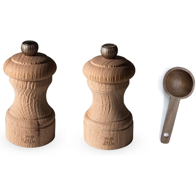Peugeot Bistro Nature 4 Inch Salt & Pepper Mills Gift Set- With Wooden Spice Scoop