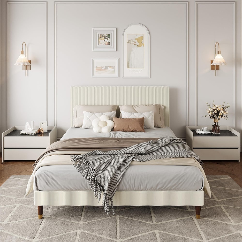 Upholstered Platform Bed Frame, Fabric Headboard and Wooden Slats