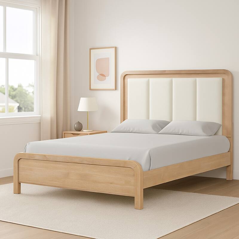Rexa Queen Bed, White Upholstered Channeled Headboard, Natural Brown Wood