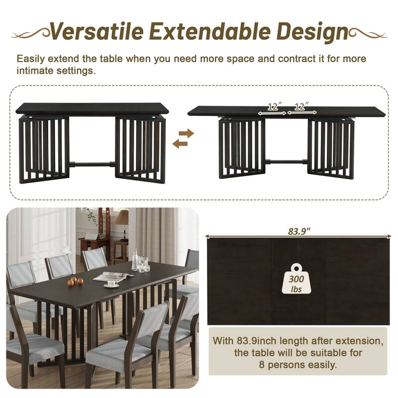 9-Piece Extendable Farmhouse Dining Table Set with Slatted Legs, Upholstered Chairs, and Durable Construction