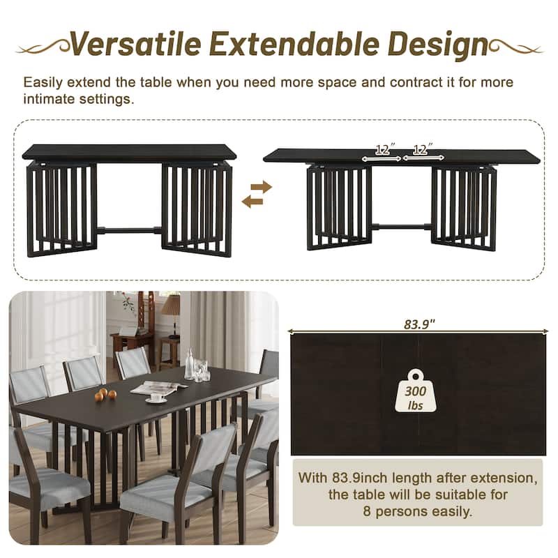 Farmhouse 9-Piece Dining Table with 2×12" Removable Leaves & 8 Dining Chairs