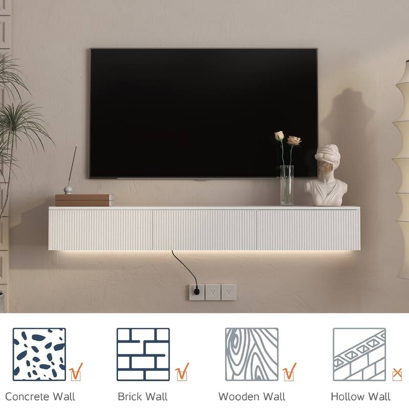 65" Floating TV Stand Wall Mounted with 16 Color LED Lights, Modern TV Cabinet for 55-65 Inch TVs