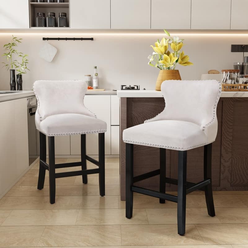 Button Tufted Velvet Wingback Barstools Set of 2