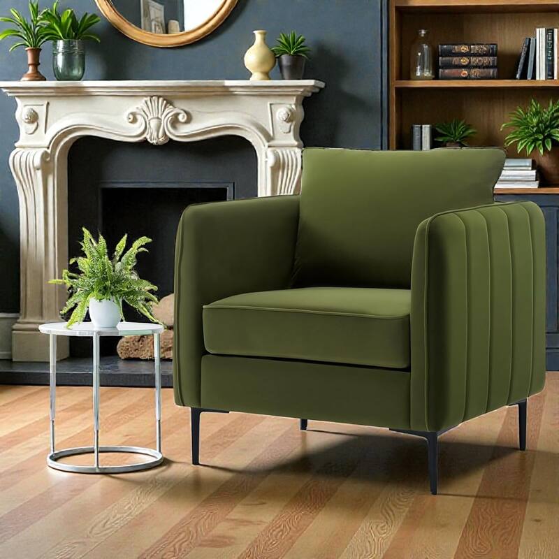 Velvet Accent Chair for Living Room, Mid Century Modern Single Sofa Chair with Pillow and Metal Legs