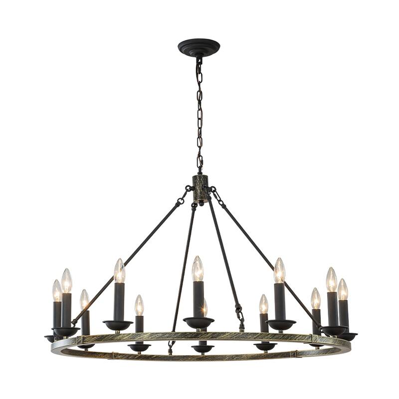 12-Light Modern Candelabra Chandelier Round Industrial Candle Pendant Lighting In Vintage Brushed Gold Over Black Finish - W37'' - W37'' - Antique Gold/Matte Black