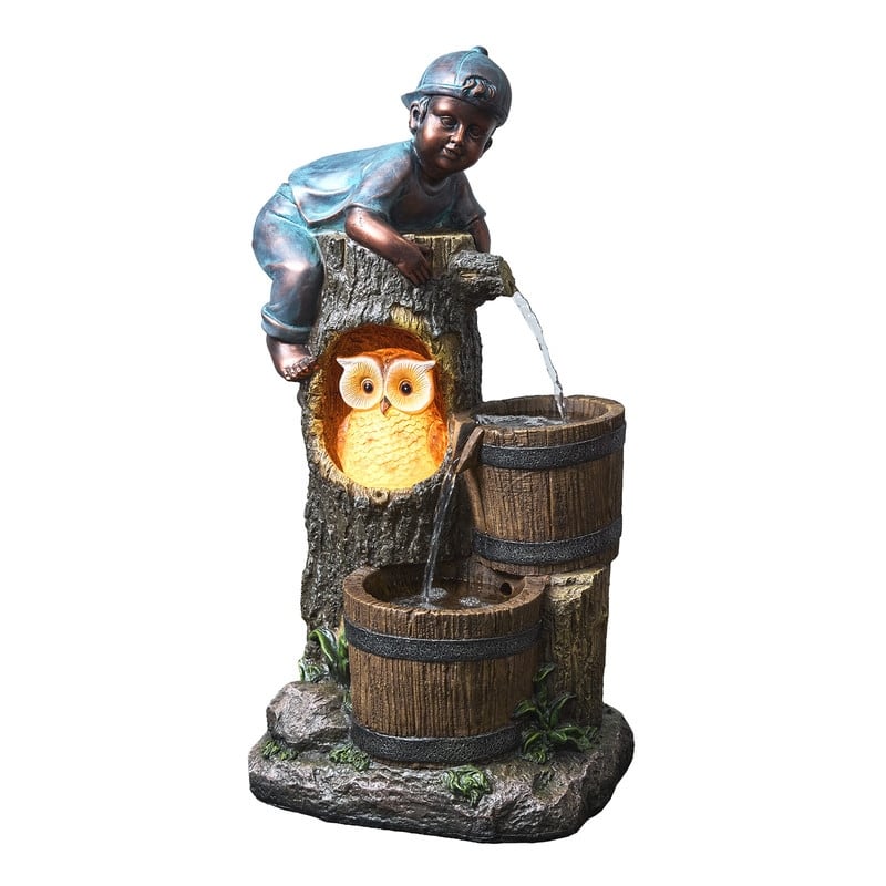 Vbal 3-Tier Outdoor Fountain with Kid and Owl Figures with LED Lights Weather Resistant for Outdoor Decor