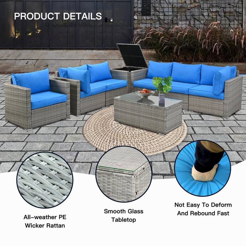 8-Pieces Wicker Outdoor Sectional Set with Glass Coffee Table and Cushions