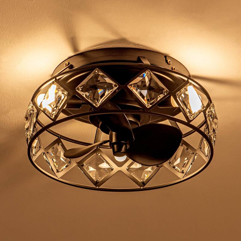 12.2" Black Small Caged Crystal Ceiling Fan Ceiling Light with Remote