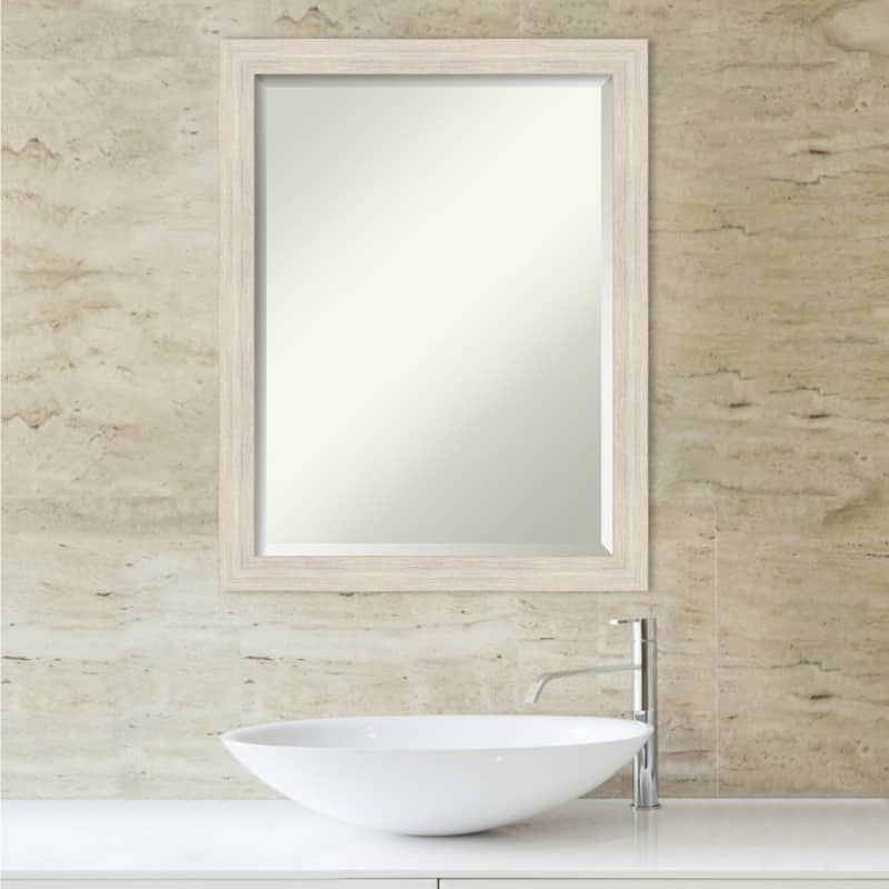 Beveled Wood Bathroom Wall Mirror - Hardwood Whitewash Narrow Frame - Hardwood White Wash Narrow