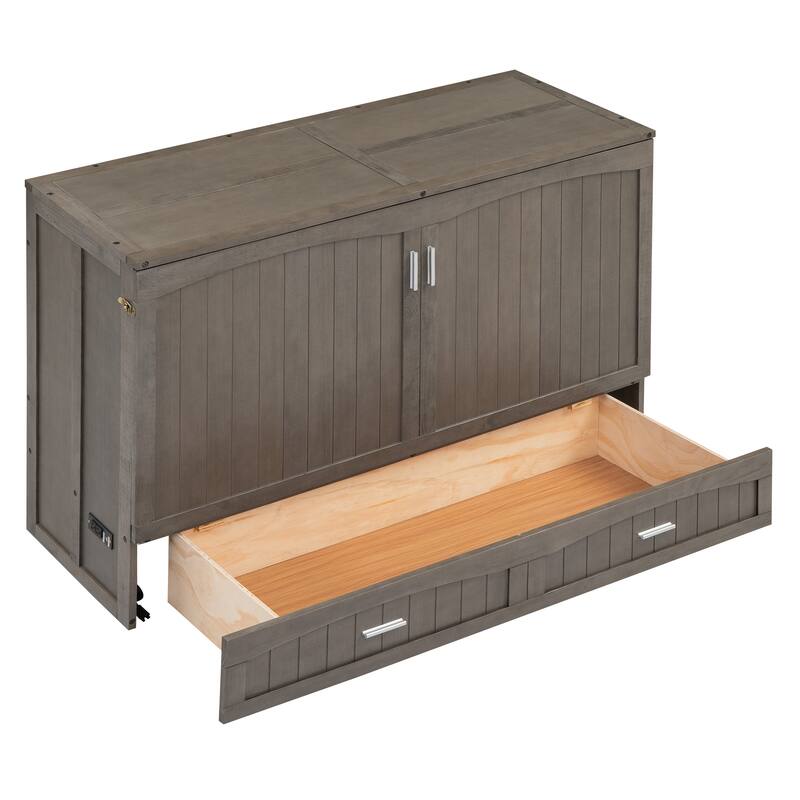 Antique Grey Queen Murphy Bed with USB Charging & Storage Drawer, Space-Saving Wall Bed