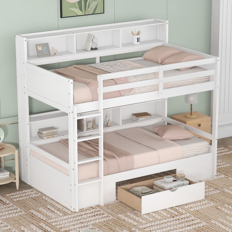 Modern Twin Over Twin Bunk Bed with Shelves and Drawer, Sturdy Pine Wood Frame