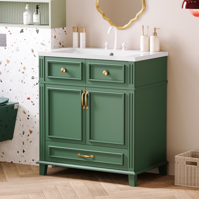 Bathroom Vanity with Resin Sink, Freestanding Cabinet with Soft Closing Doors, Bathroom Storage Cabinet with Bottom Drawer